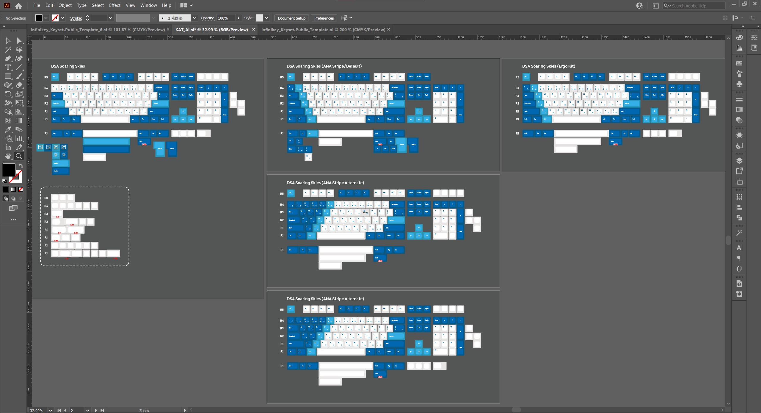 image of initial KAM Soaring Skies keycaps, in different arrangements